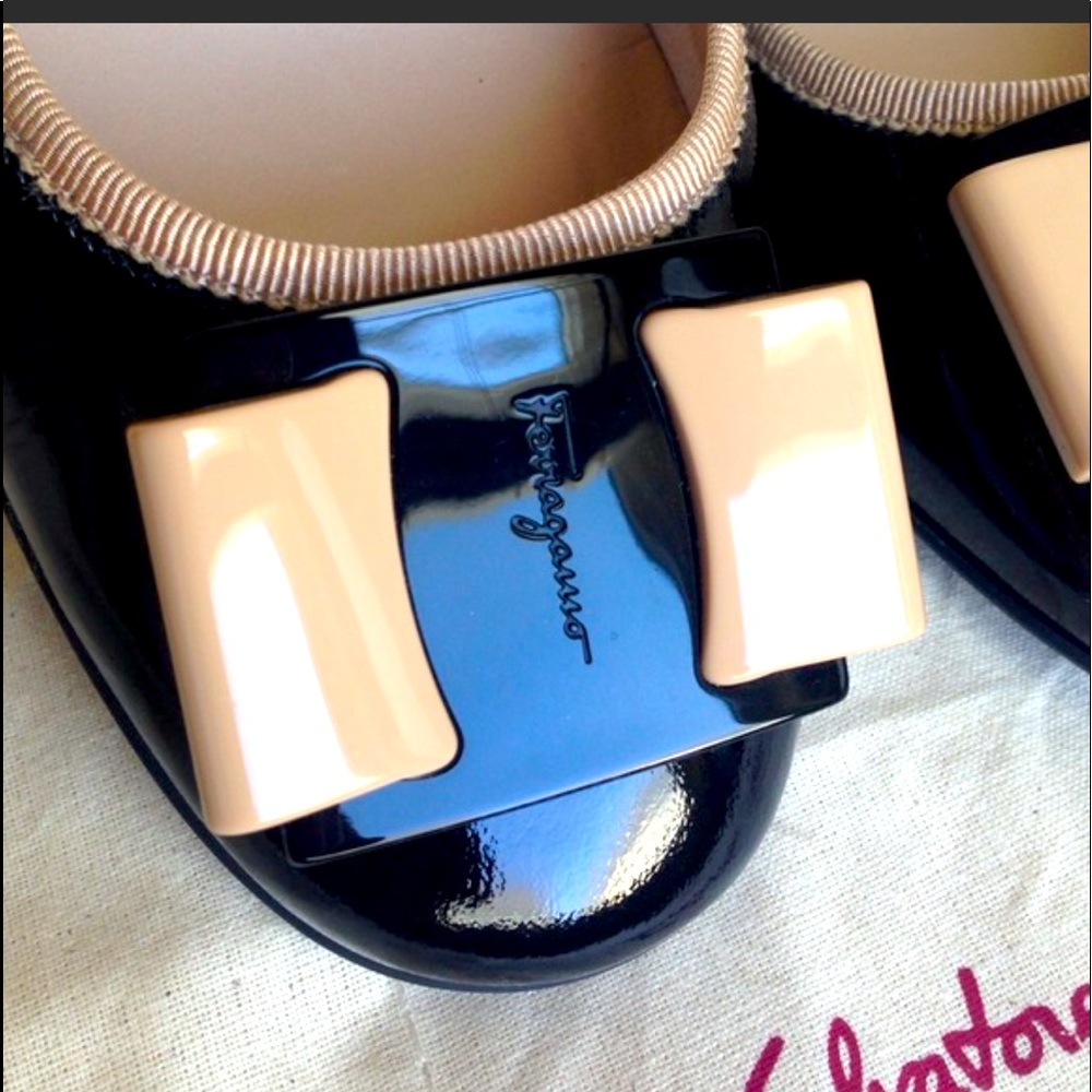 Authentic Ferragamo black patent pumps